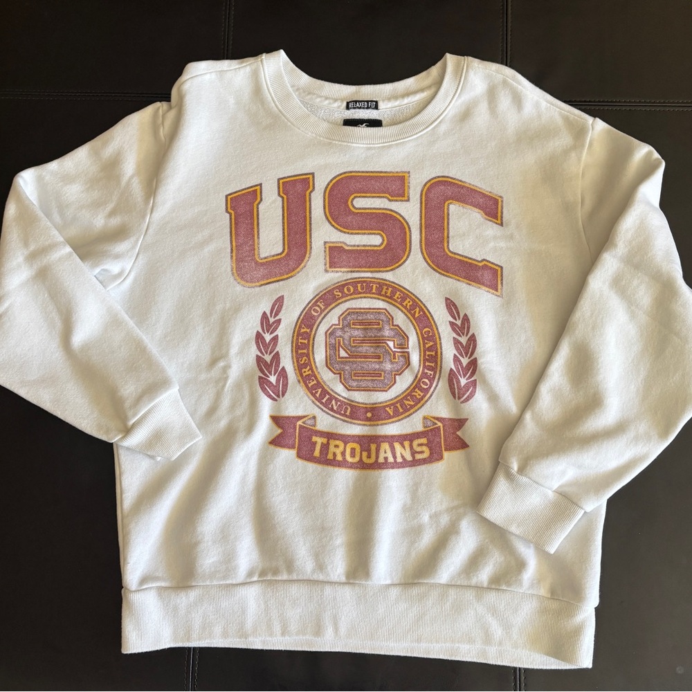 Like New Hollister White USC Trojans Women's Sweater Relaxed Fit Small